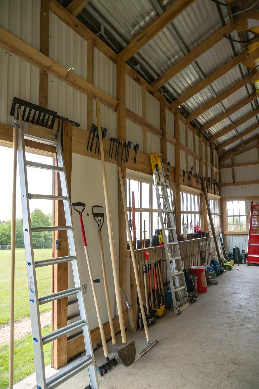 Ceiling-mounted racks keep infrequently used items off the ground.