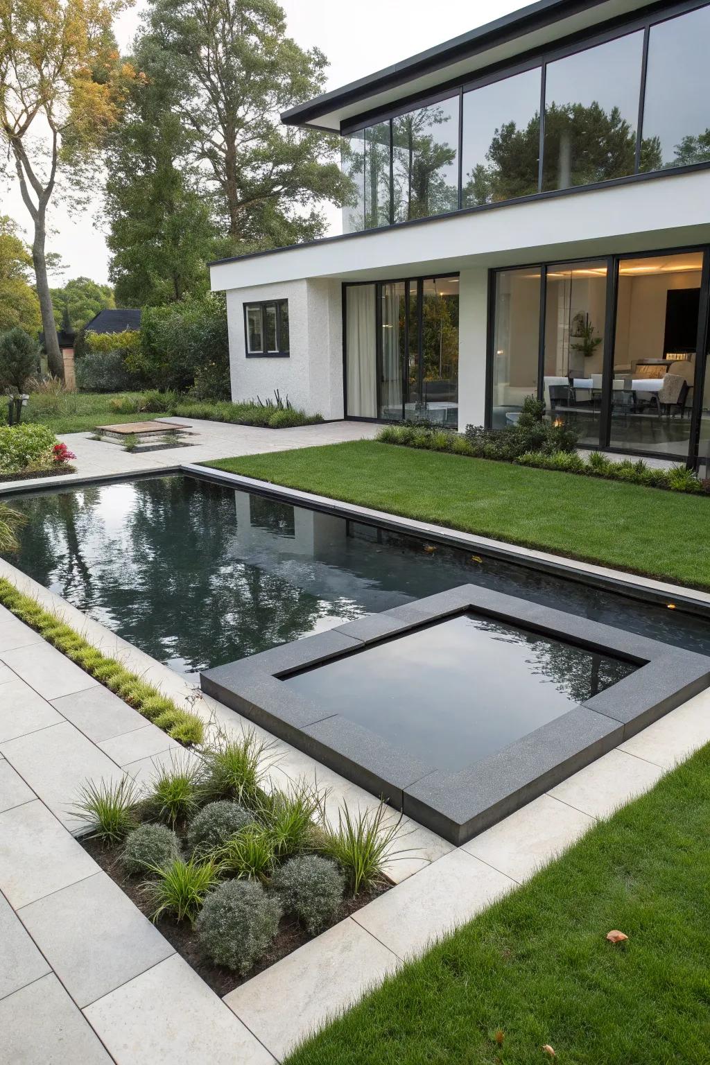 A sleek modern geometric pond in a contemporary garden.