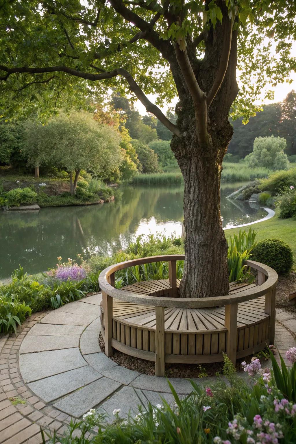 A circular tree bench offers shaded seating with a natural flourish.