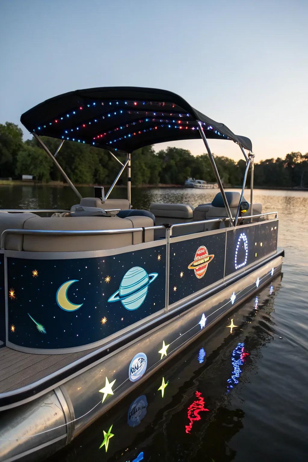 A pontoon boat with a space theme, showcasing celestial embellishments.