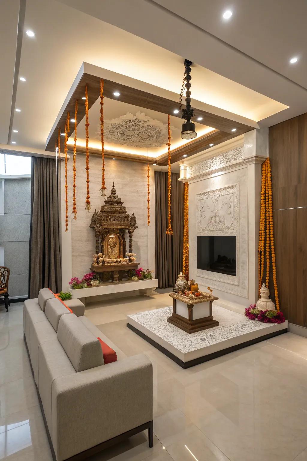 Elevated shrine configuration for a modern and area-saving design.