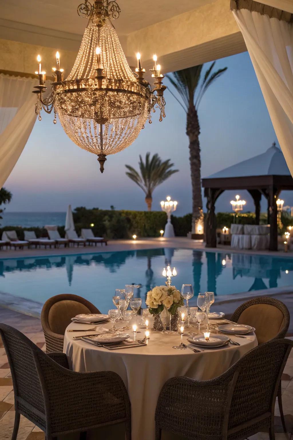 A hanging lamp ushers interior polish to your poolside dining stretch.