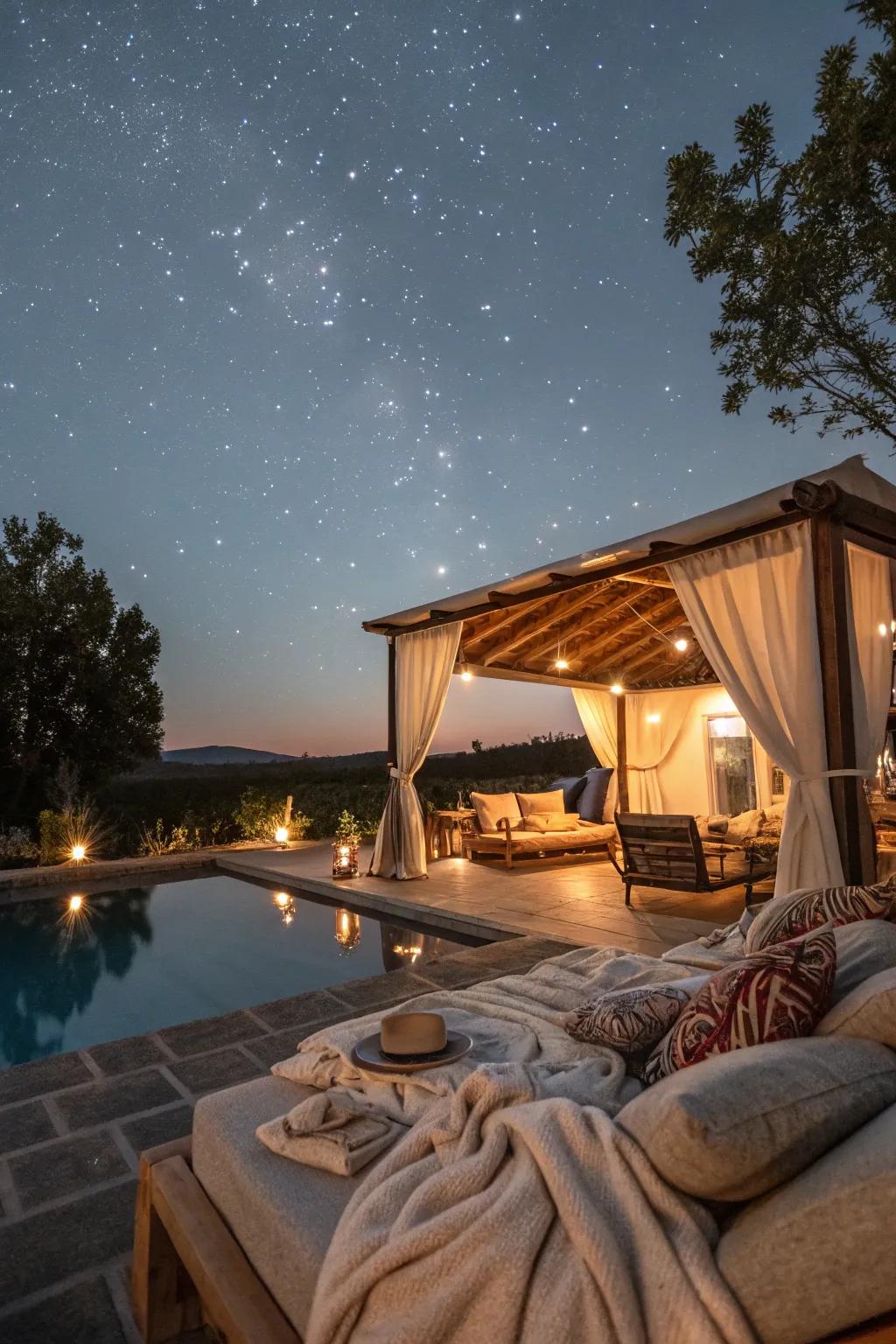 A star-observing cabana crafted for magical night-time relaxation.