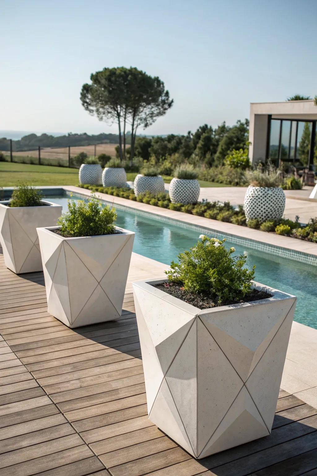 On the pool deck, architectural pots offer a stylish structure.