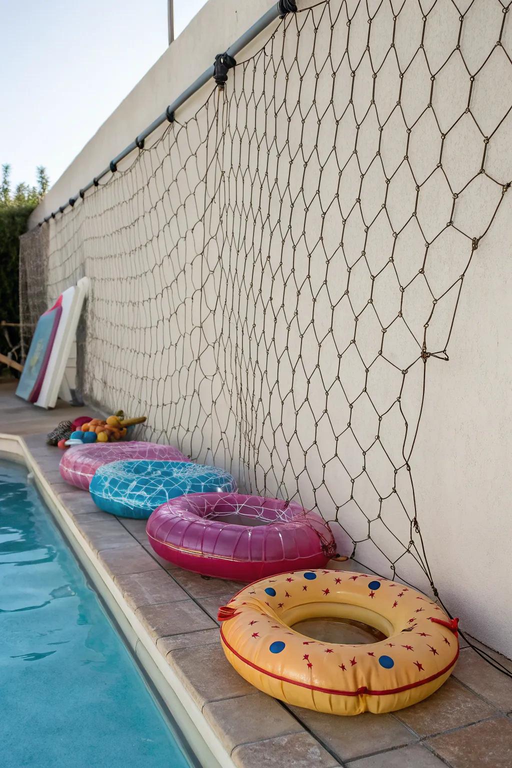 Bungee cord netting tenders a supple solution to pool plaything preservation.