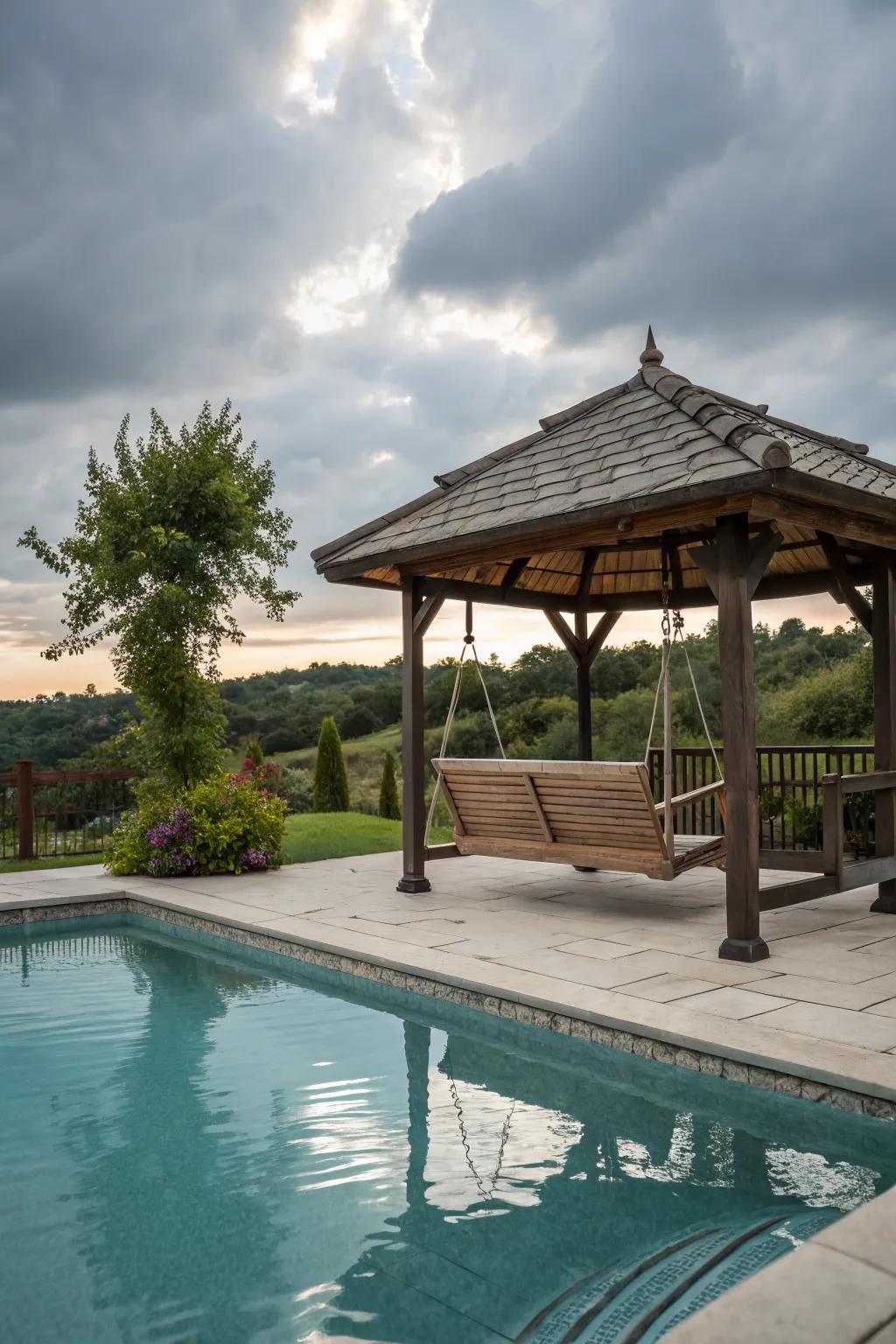 A swing adds a whimsical element to the poolside gazebo.
