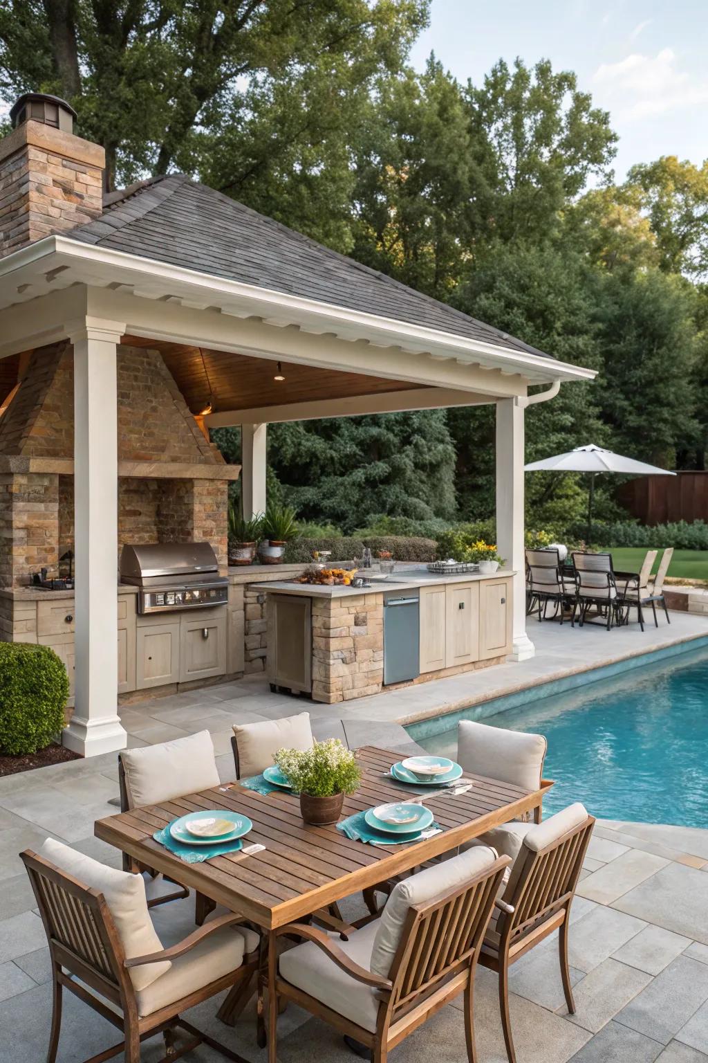 A pool house featuring a delightful outdoor cooking area.