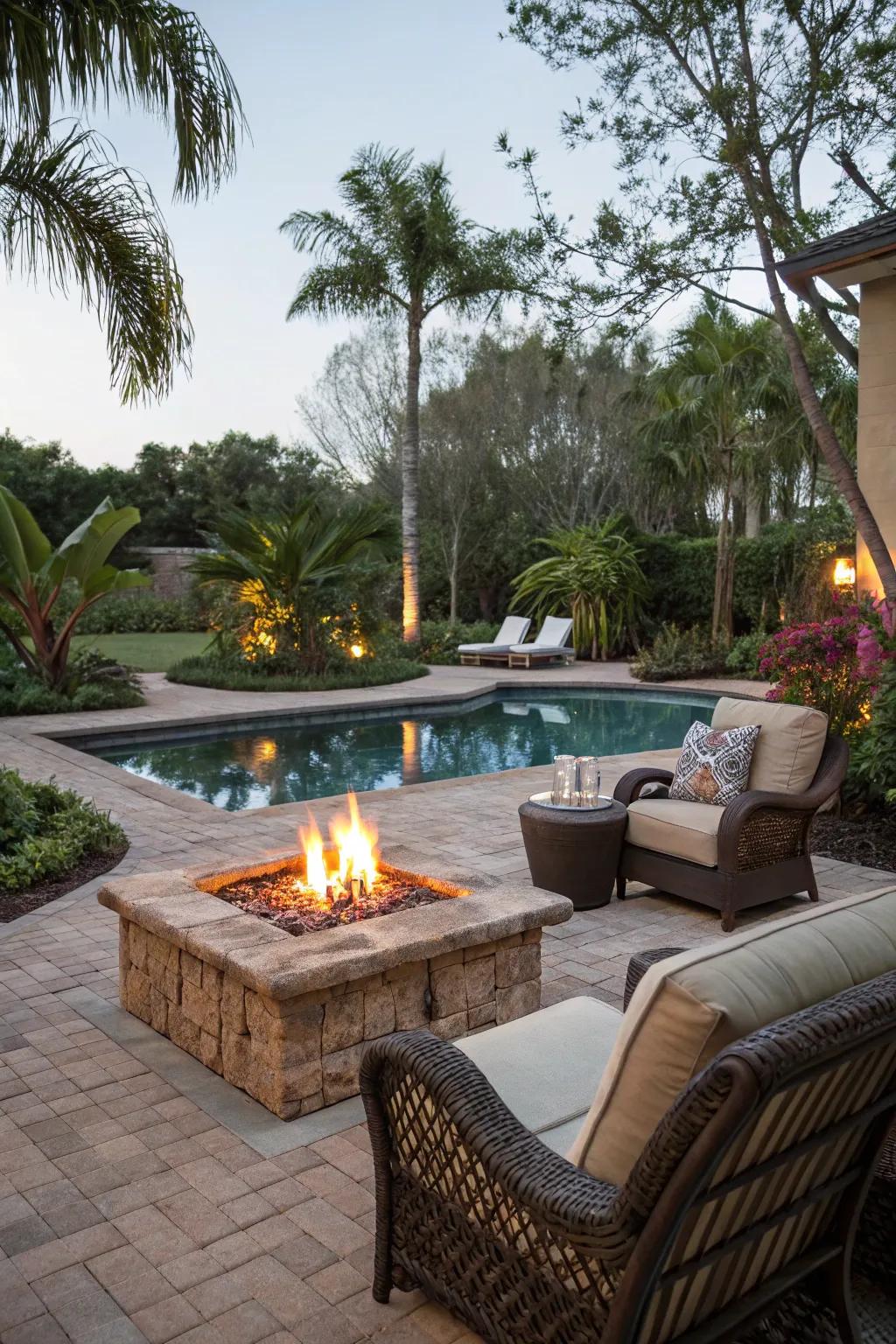 Add warmth and charm with a poolside fire feature.