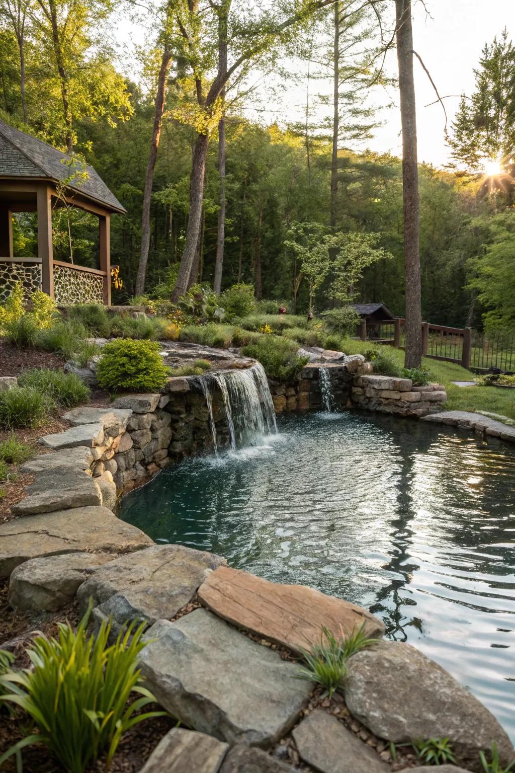 A pool pond featuring a soothing cascade feature.
