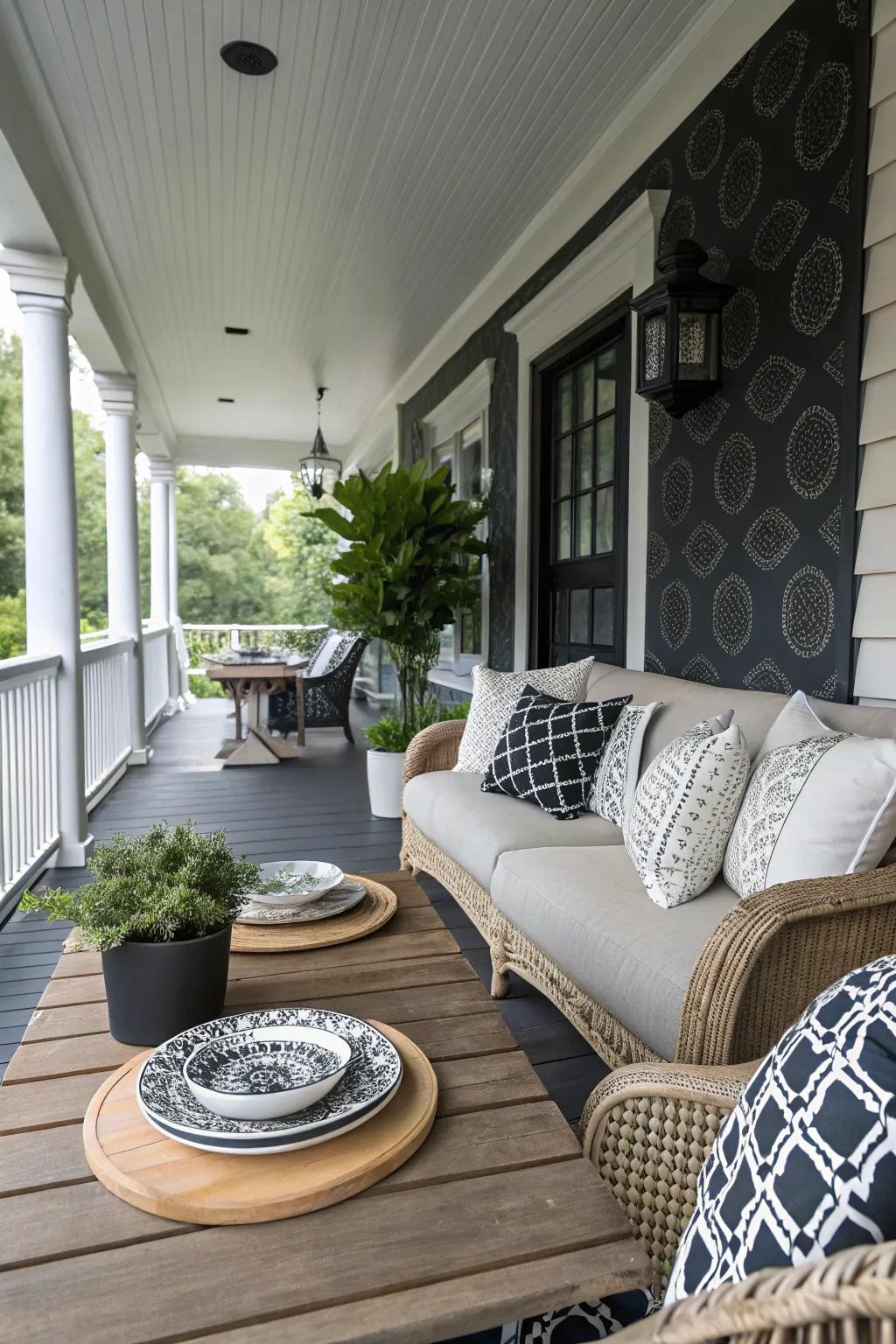 A refined obsidian and alabaster veranda that never loses vogue.
