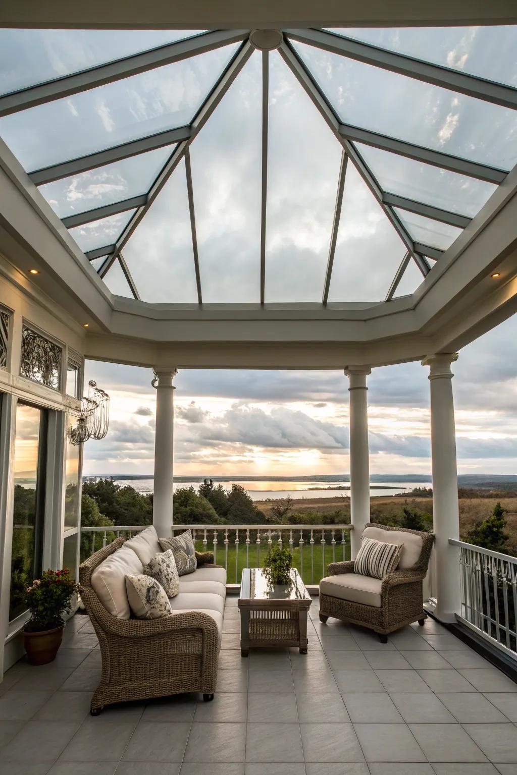 Luxurious ambiance with a glass porch roof.