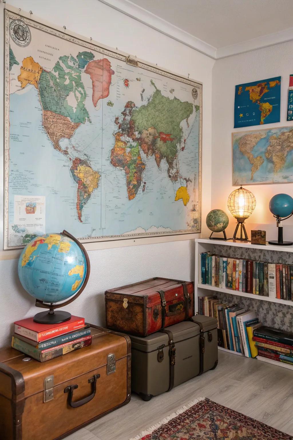 A travel-centric room featuring posters of world maps and famous landmarks.