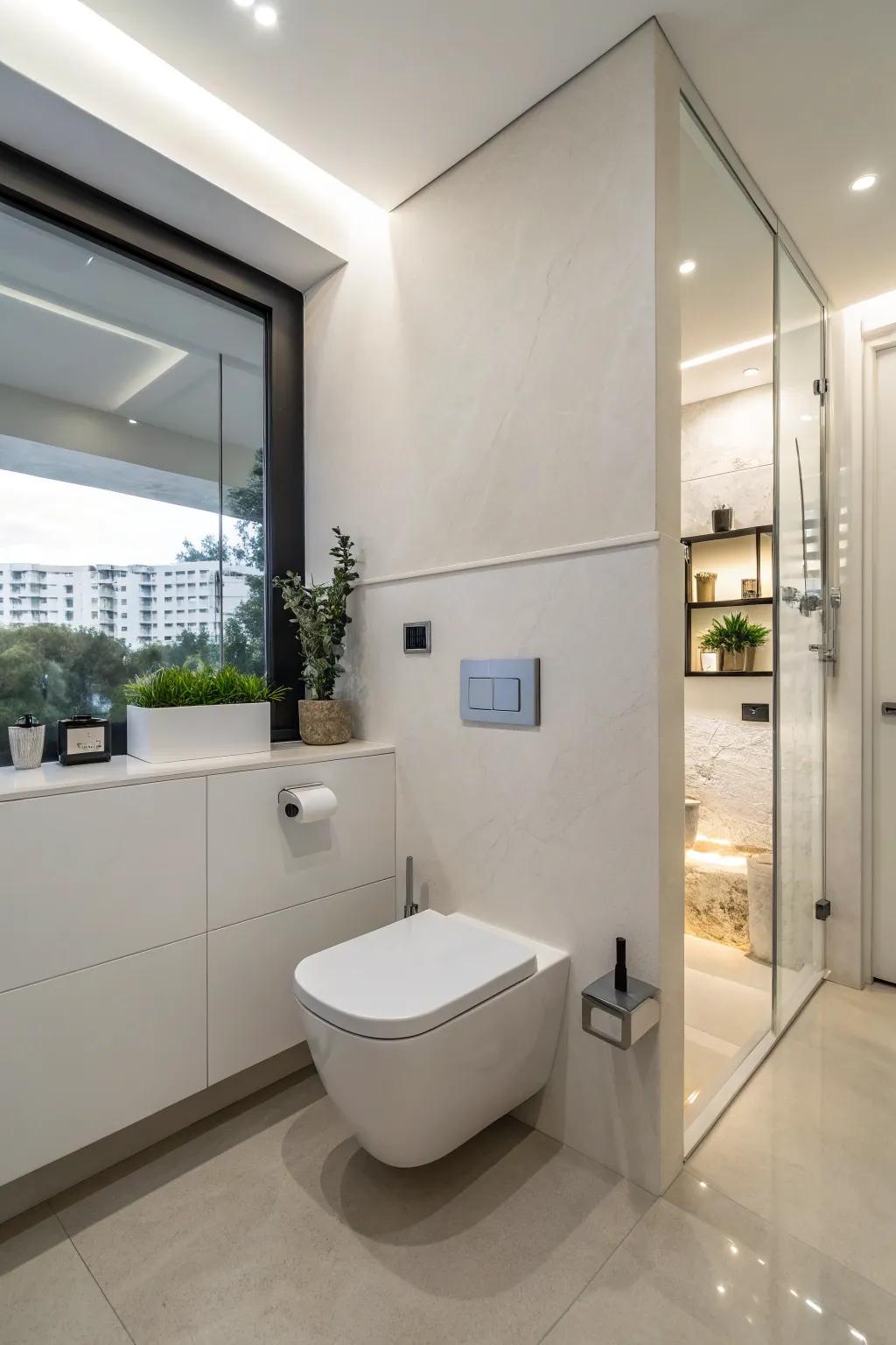 A contemporary powder room showcasing a area-efficient wall-mounted restroom.
