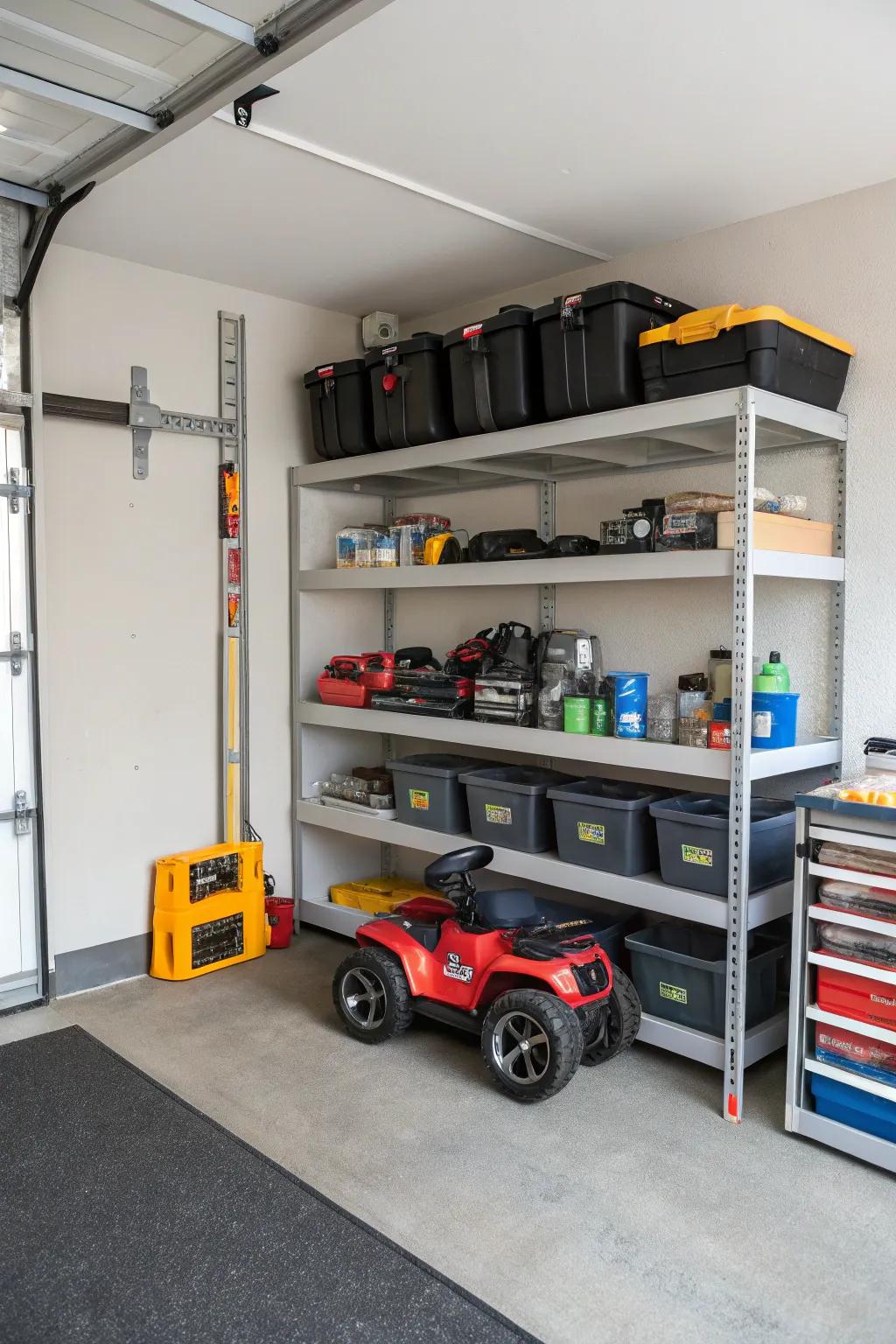 Corner shelves optimizing garage space for ride-on toys.