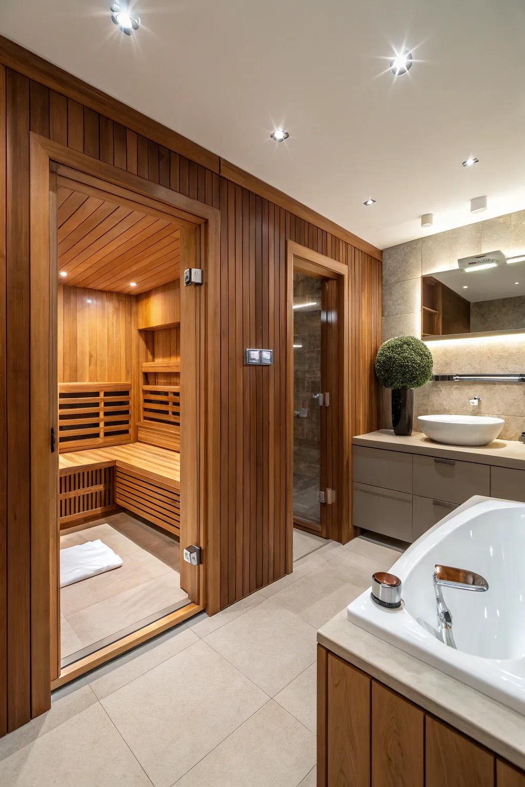 A sauna introduces an element of luxury and relaxation.