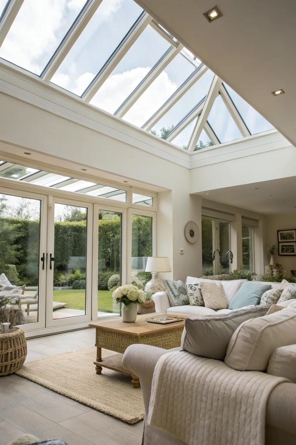 Ceiling lights provide abundant natural light while maintaining personal space.