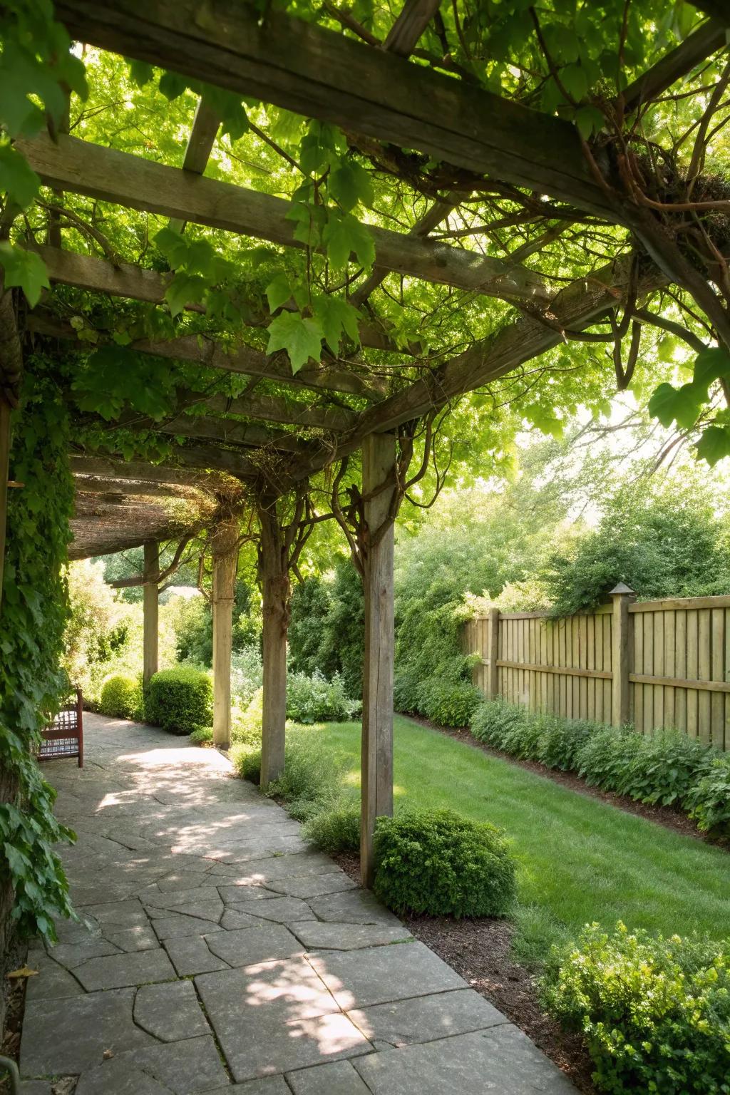 An arbour with creepers fashioning a gorgeous and functional property divider.