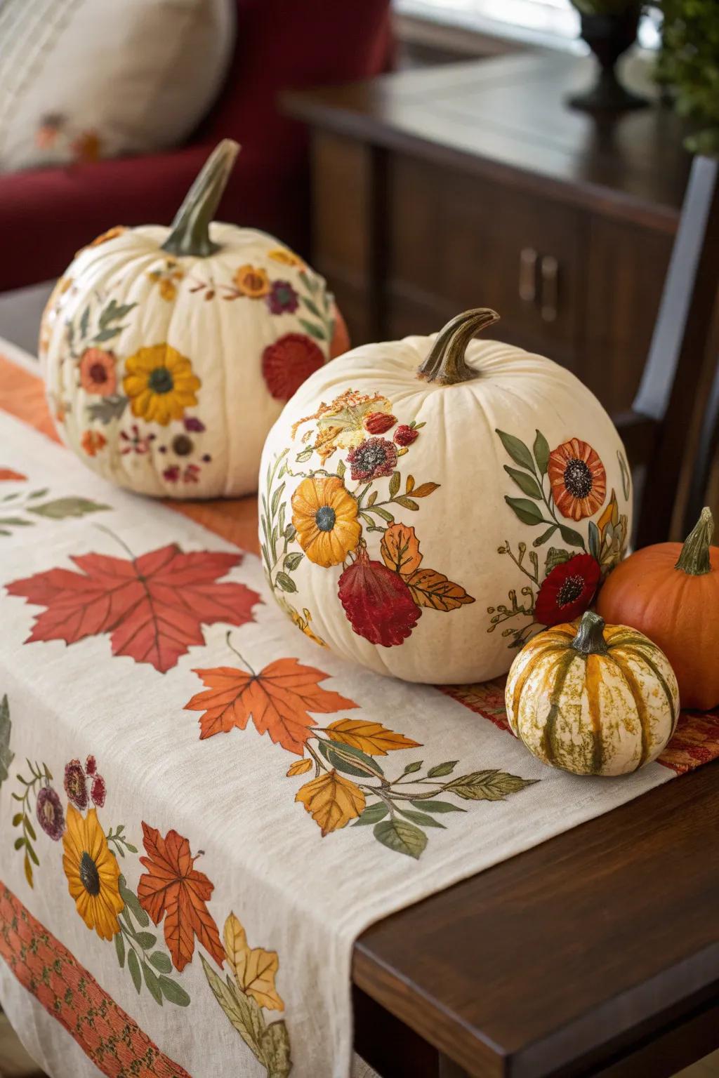 Personalized pumpkins with intricate decoupage designs.