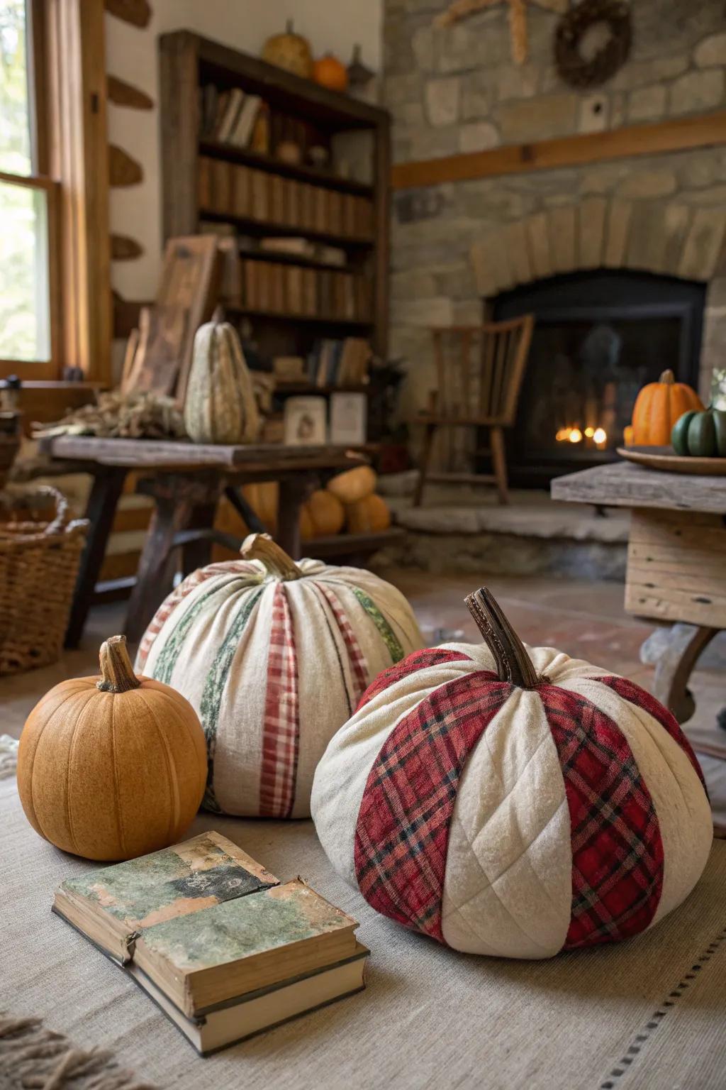 Achieve rustic charm with cloth-wrapped pumpkins.