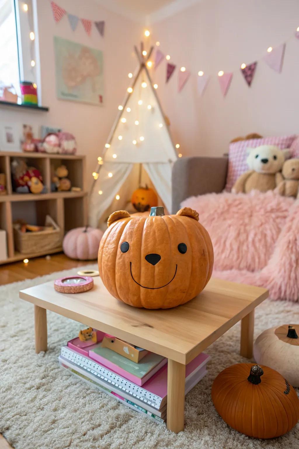 An adorable ursine pumpkin impeccable for a child's precinct.