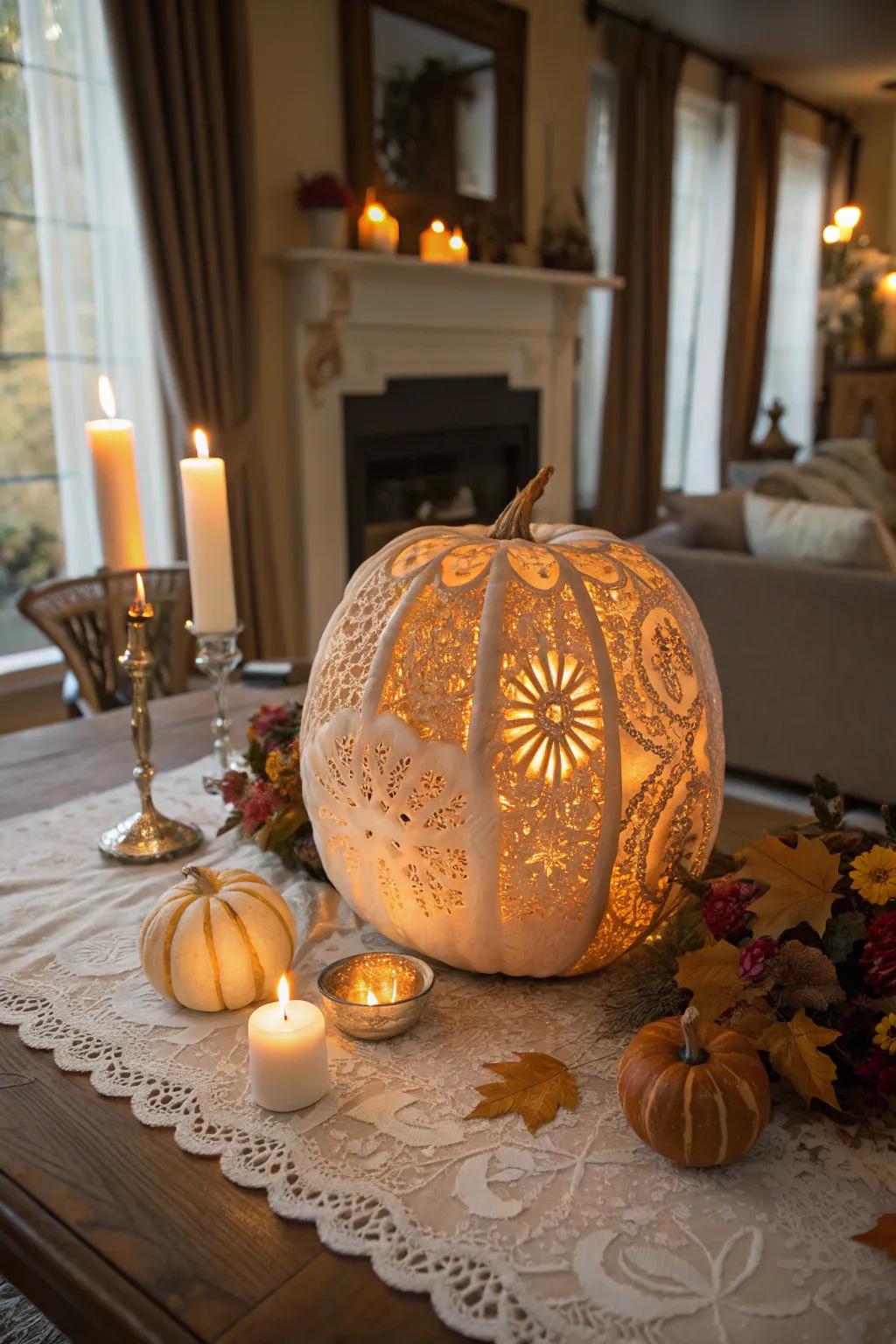 Detailed lace-patterned pumpkin for an elegant touch.