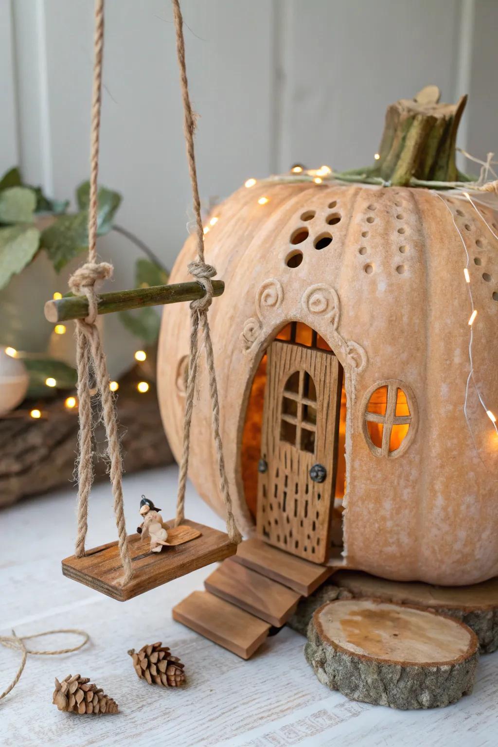 A touch of whimsy: this tiny swing adds playful charm to your pumpkin fairy house!