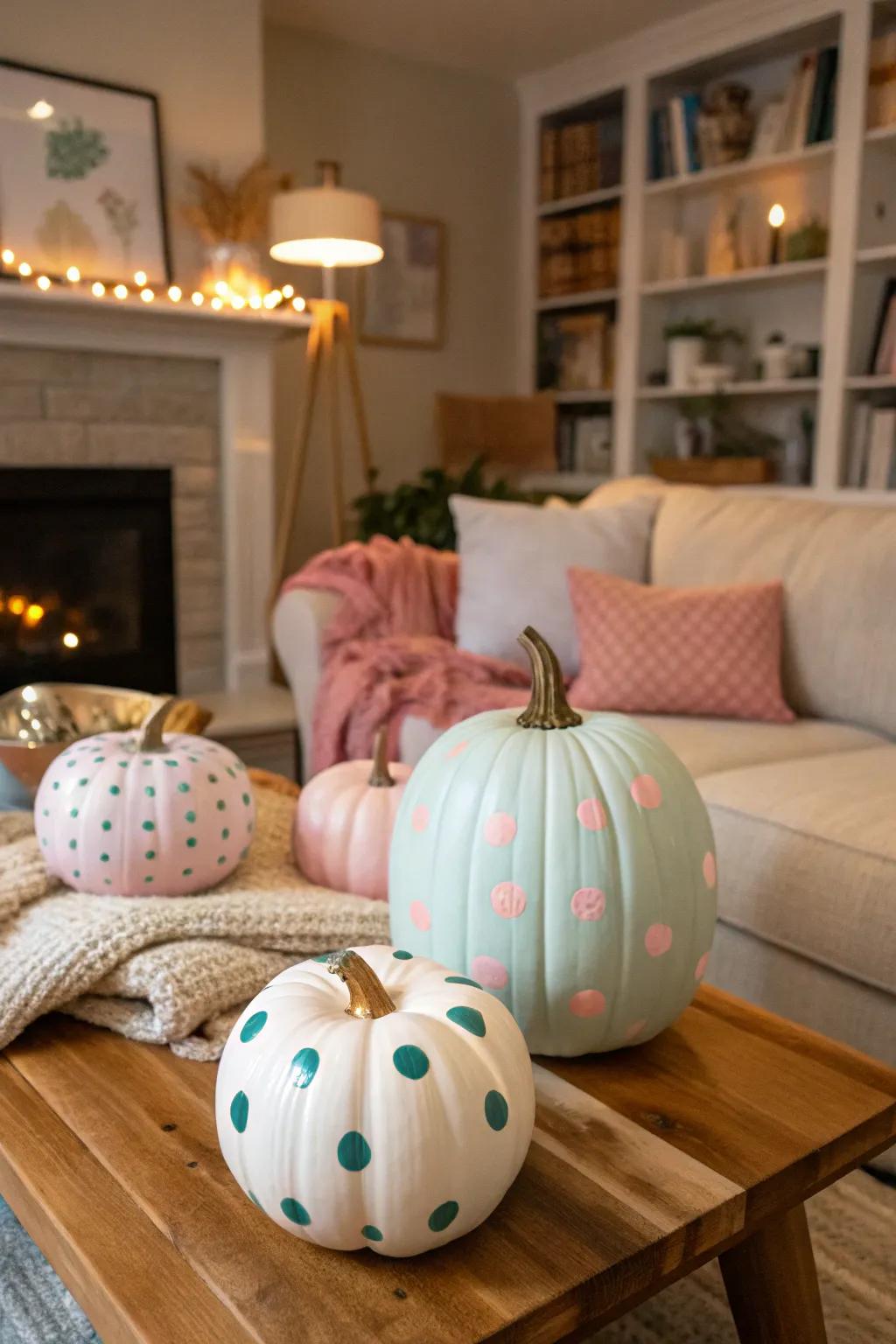 Pastel polka dot pumpkins add a soft, whimsical touch to fall decor.
