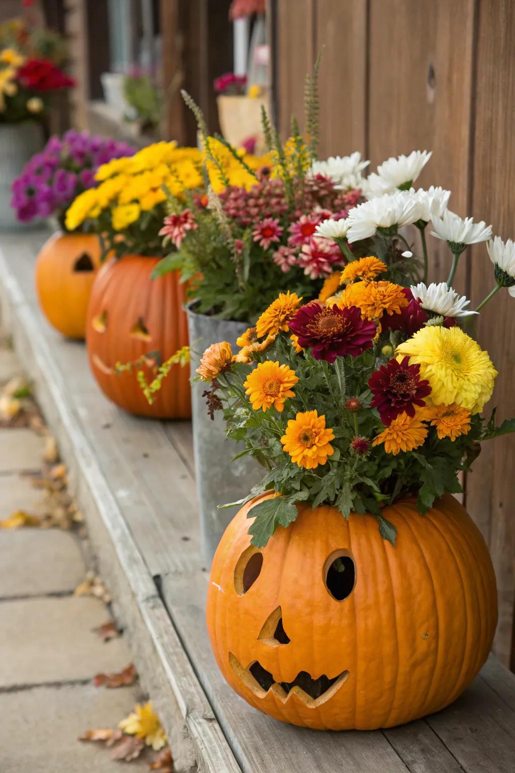 Gourds creatively used as vessels for a stunning floral display.