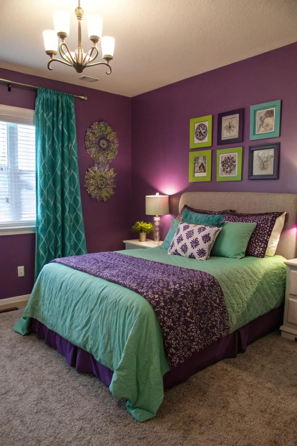 Striking colors paired with purple establish a lively vibe.