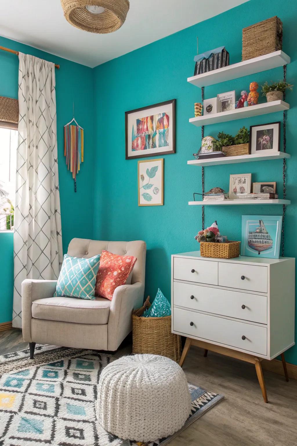 A room with a striking blue-green wall as a happy space.