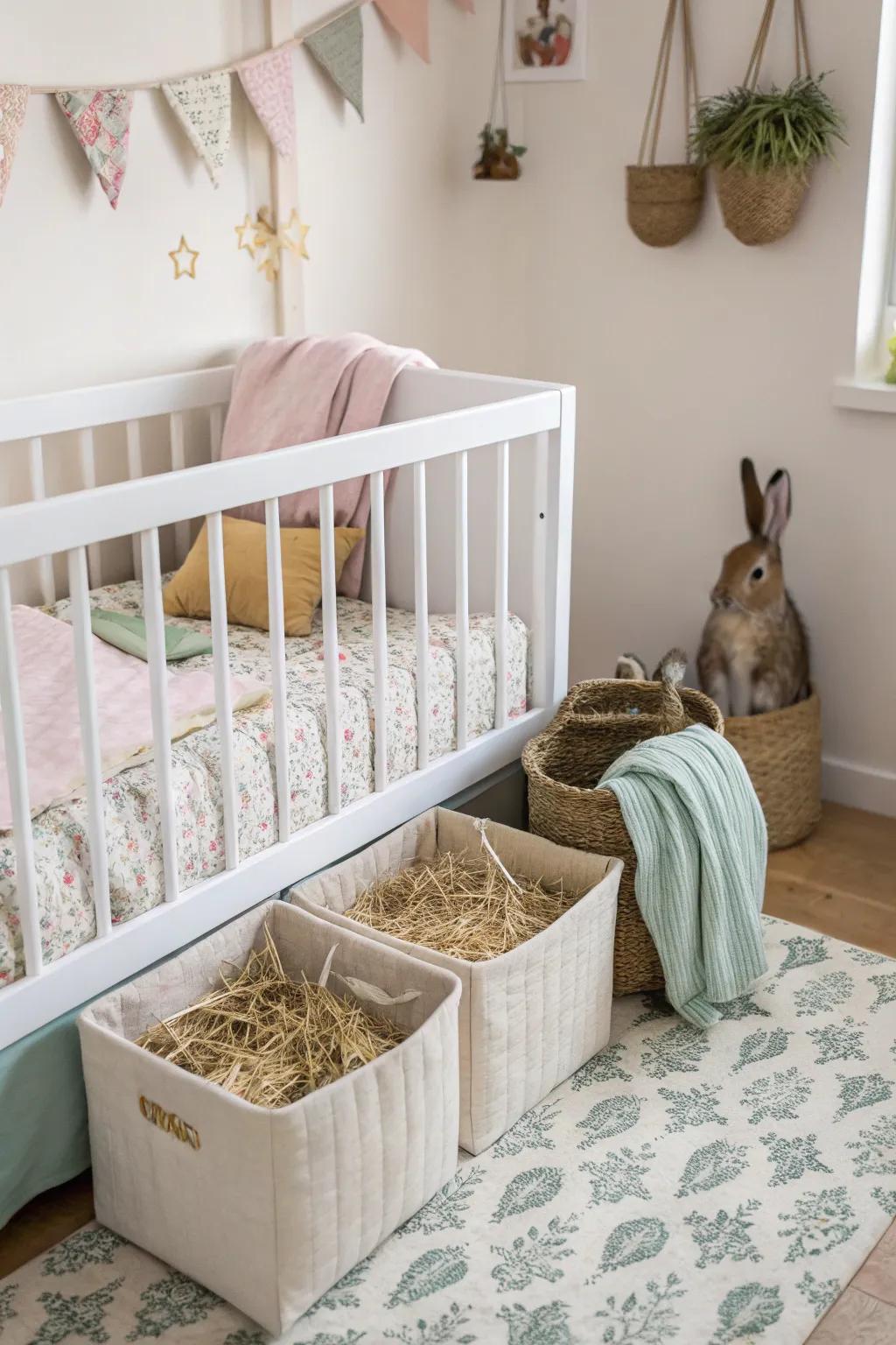 Under-cot storage maximizes space for rabbit hay.