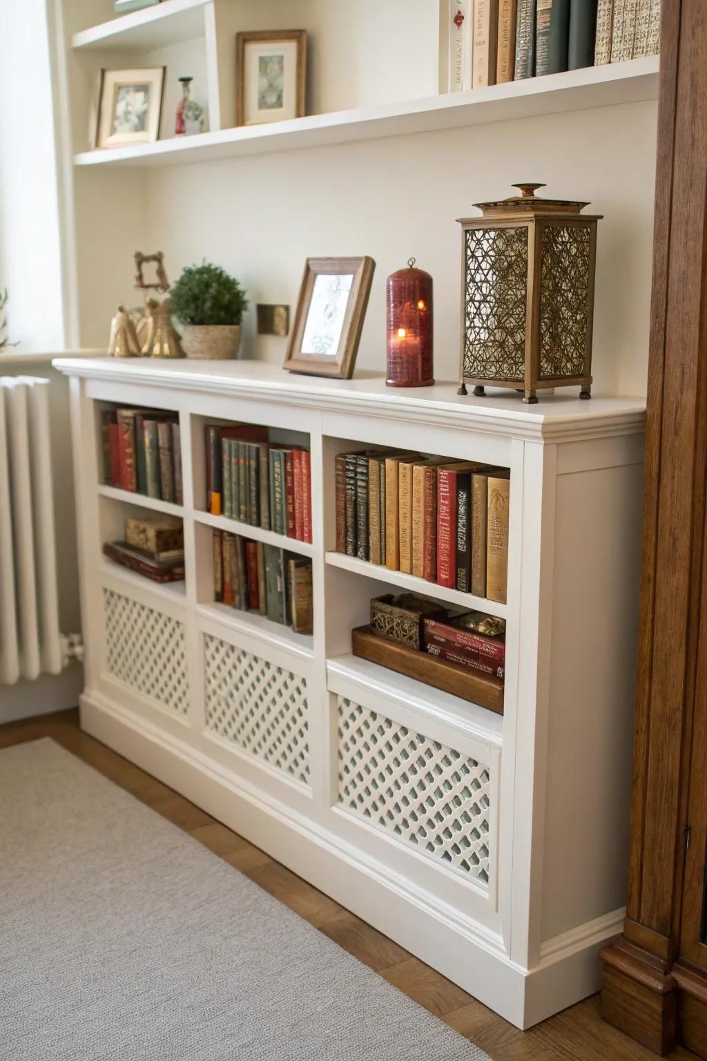 A radiator face with integrated shelving is both practical and stylish.
