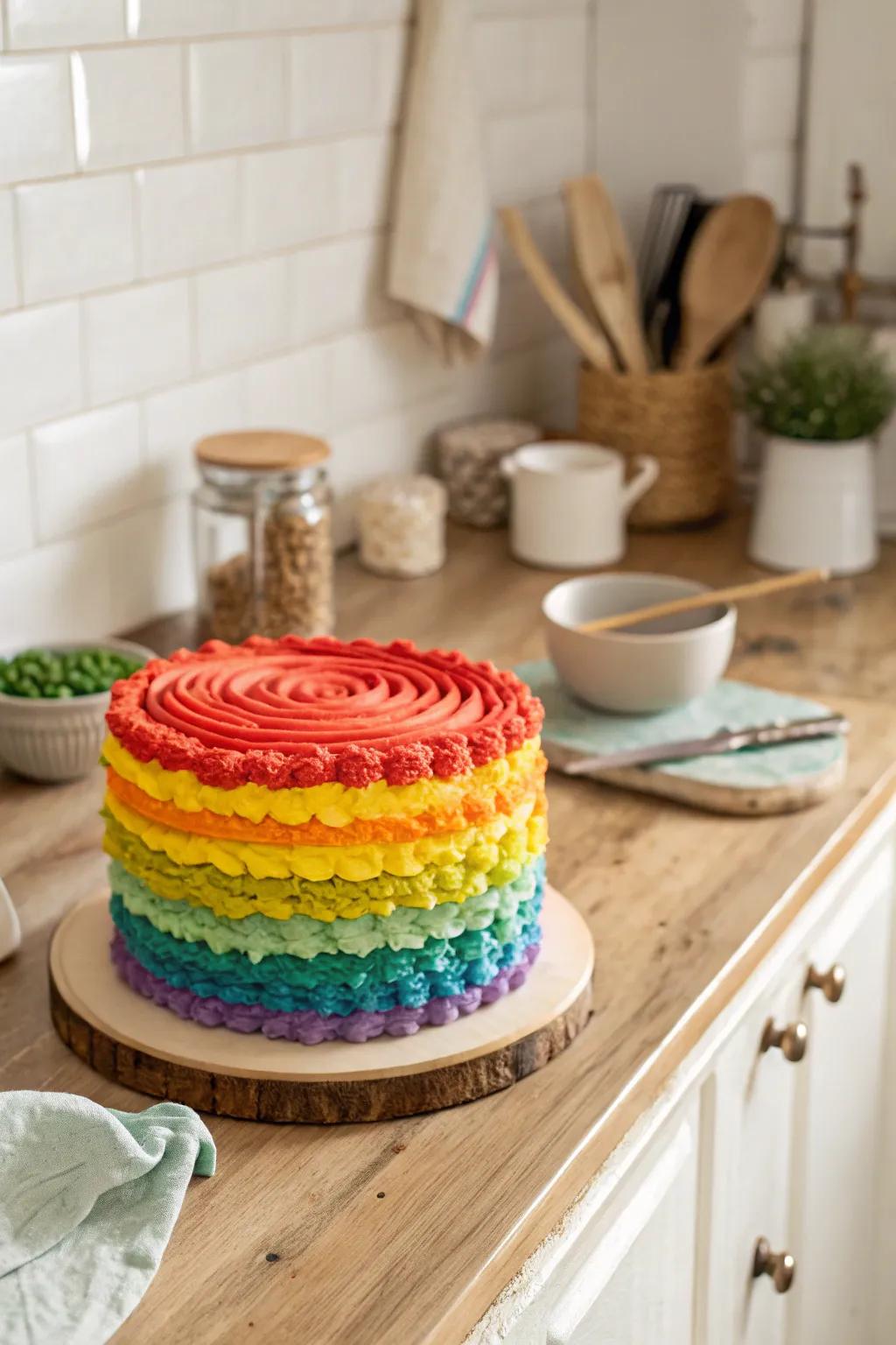 Textured buttercream appends a rustic charm to the spectrum delight.