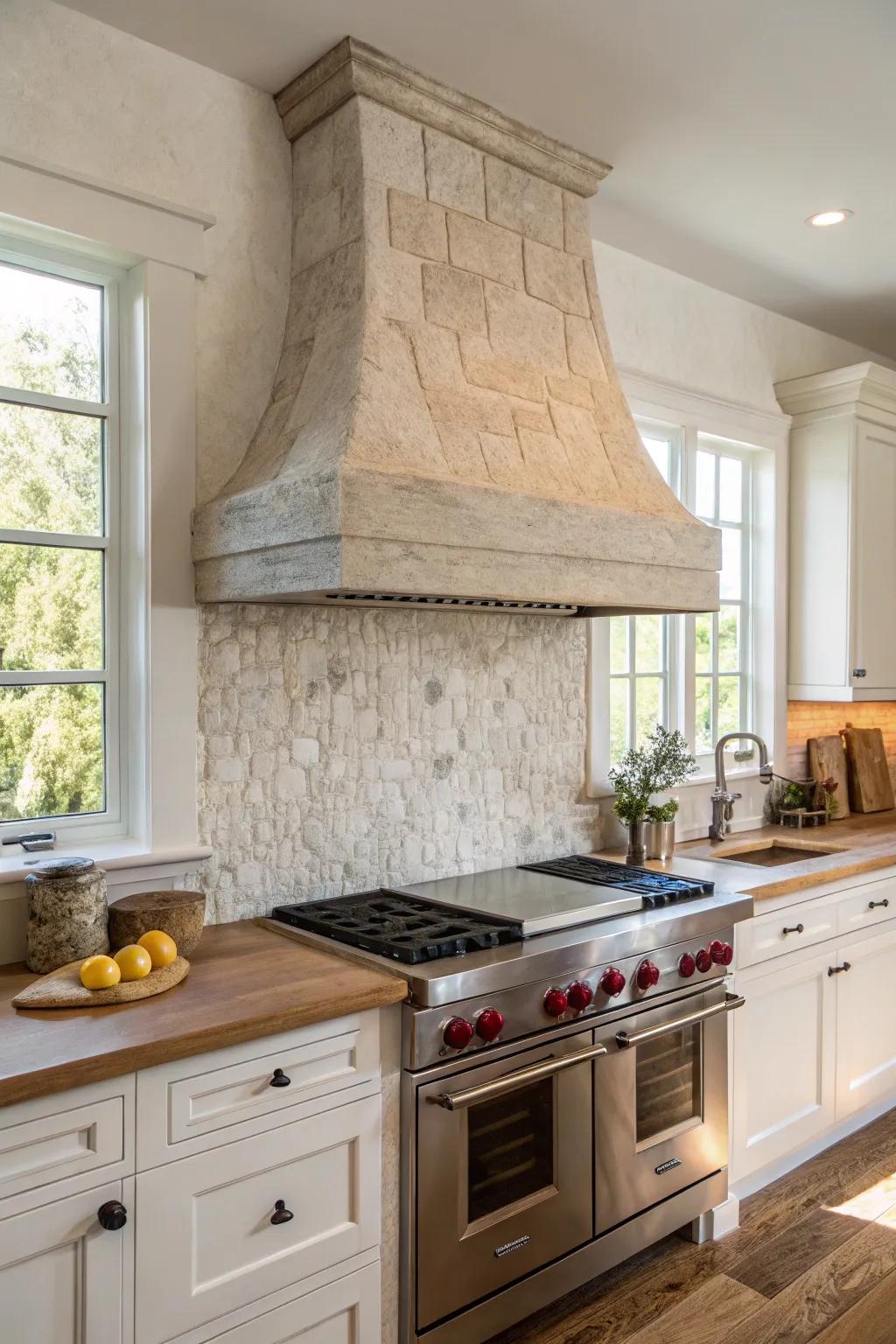 Kitchen with a natural stone vent hood and backsplash for an organic, timeless appeal.