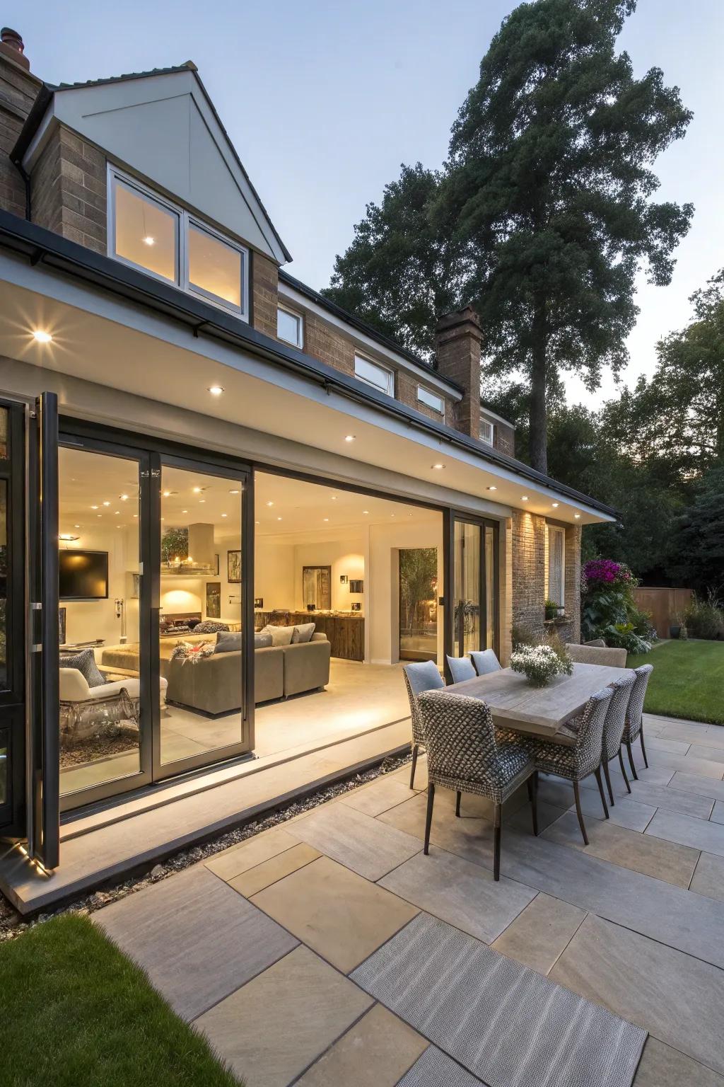 A back house extension featuring an opulent outdoor entertainment space for gatherings.