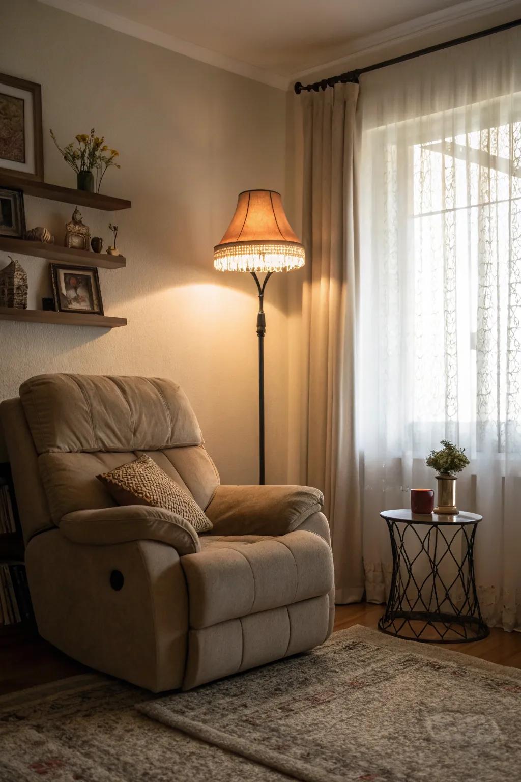 A welcoming living room with a floor lamp enhancing the ambiance of the recliner sofa's area.
