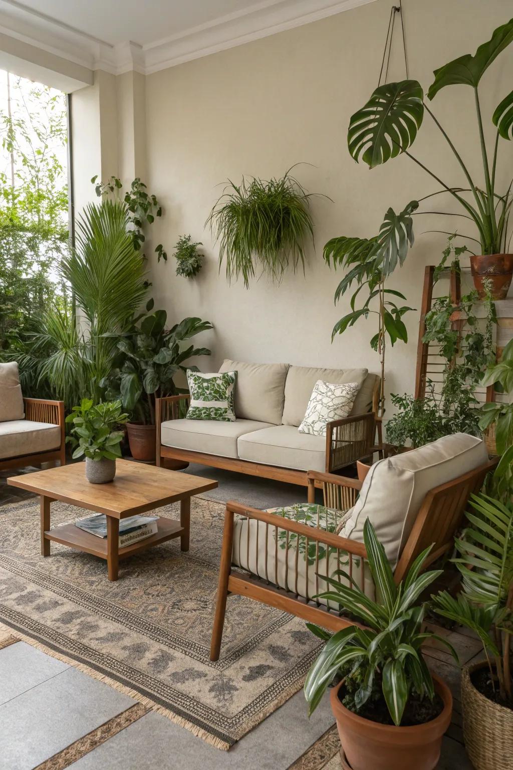 Potted greenery injects natural beauty and freshness.