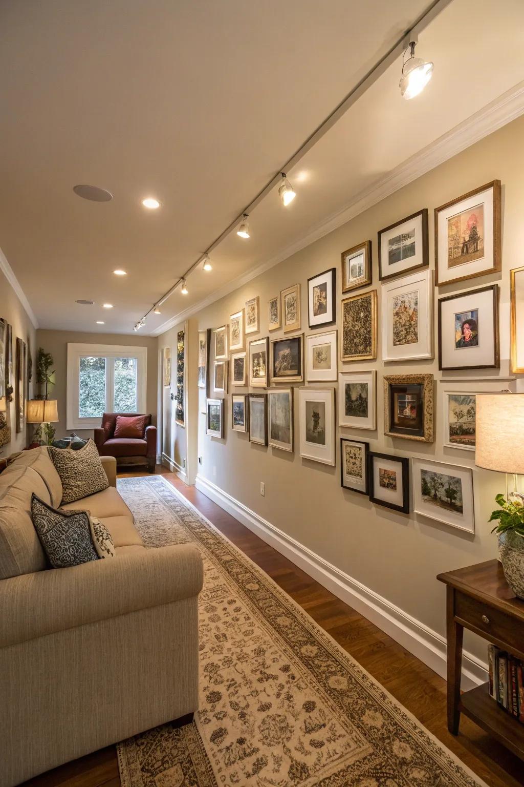 A gallery wall gives the space more depth and a personal touch.