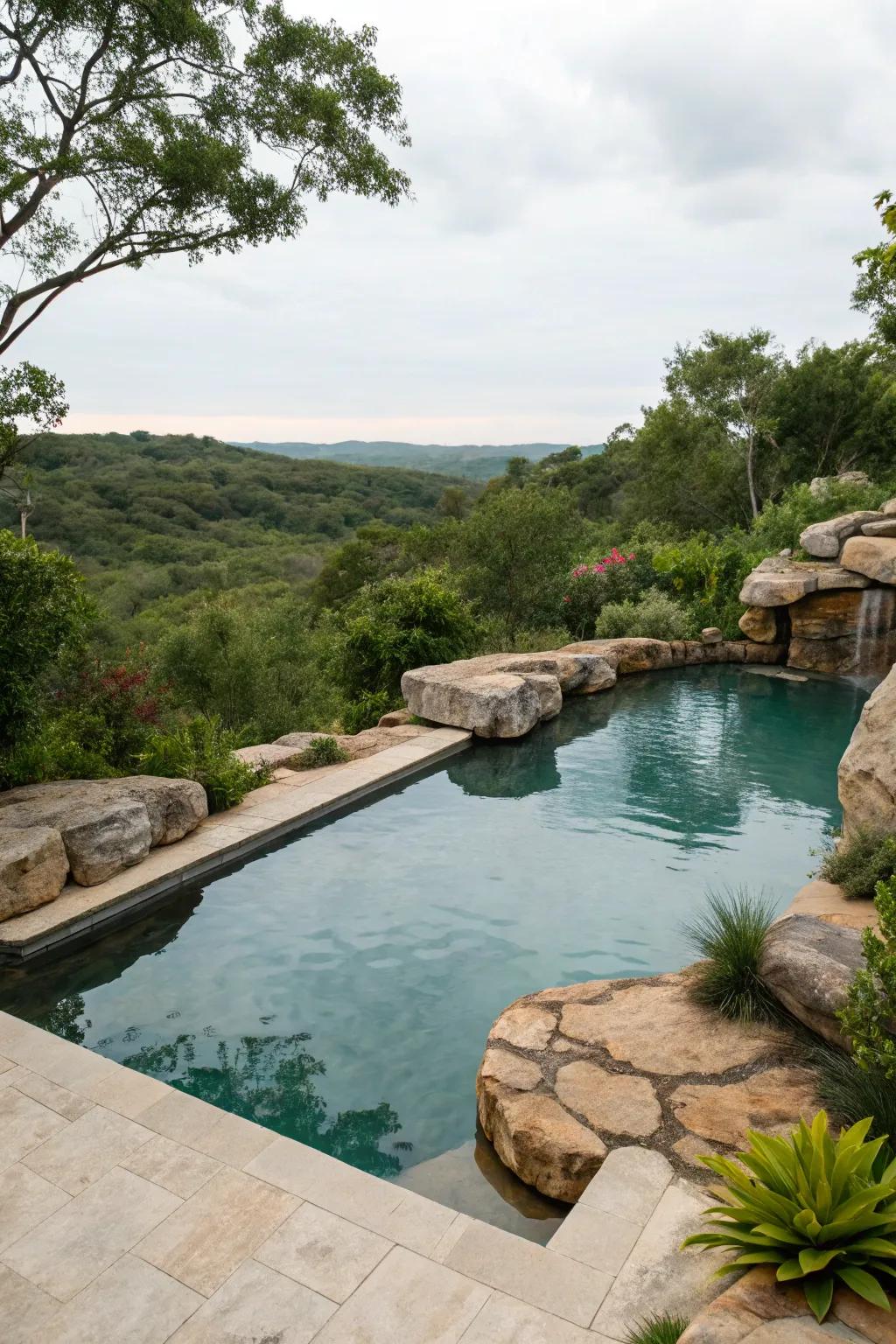 Natural rock formations add an earthy element to the pool area.