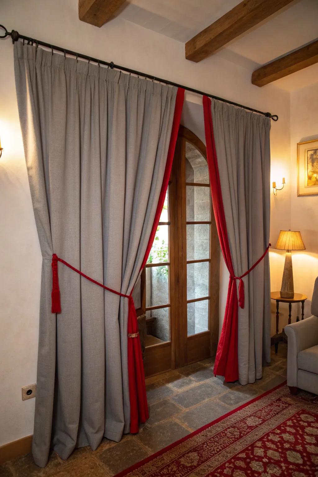 Stylish dove drapes with rouge ropes elegantly border the windows.