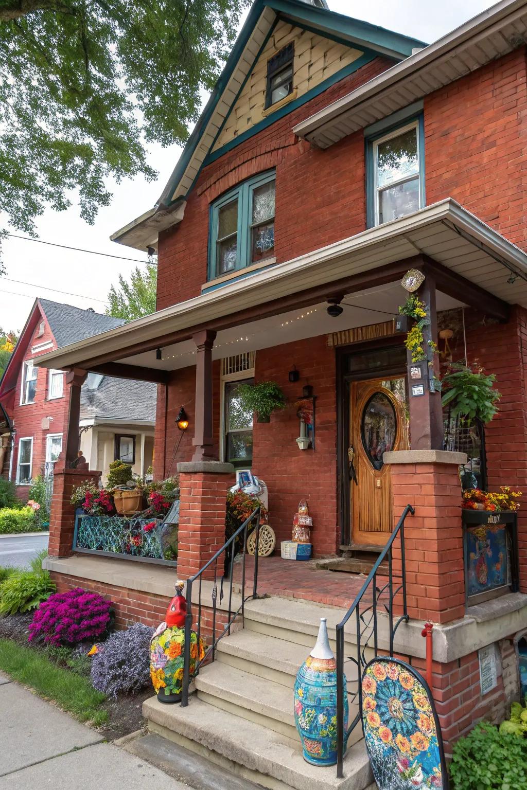 Eclectic art pieces add personality and charm to this red brick porch.