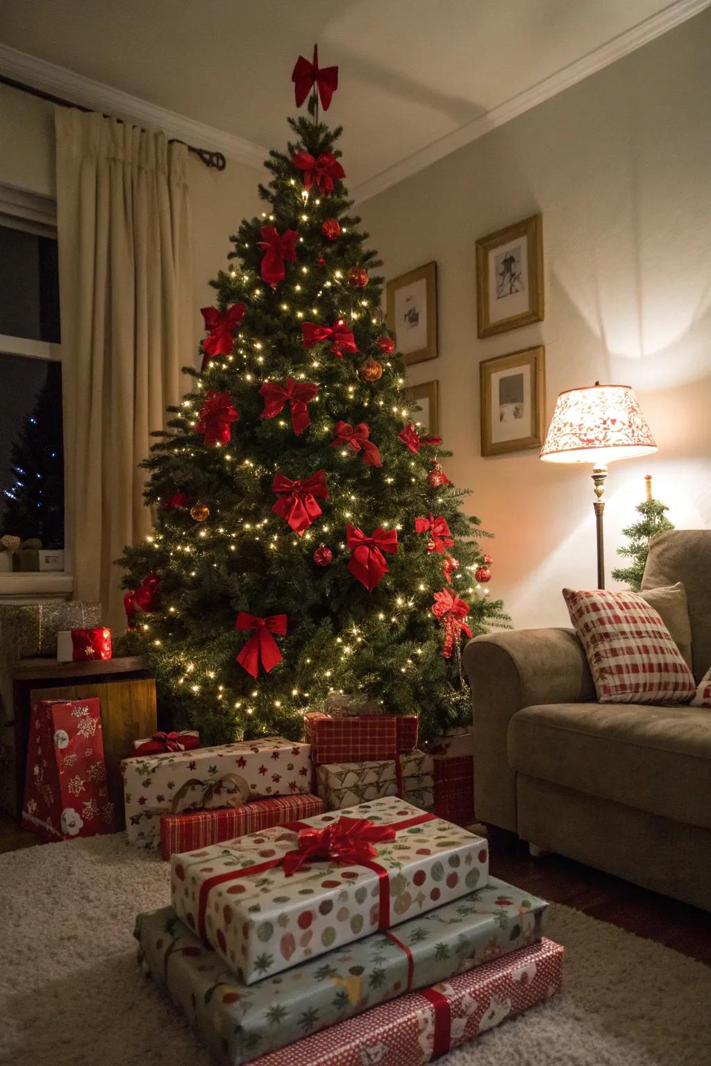 Scarlet bows contributing charm across the holiday ornamentations.