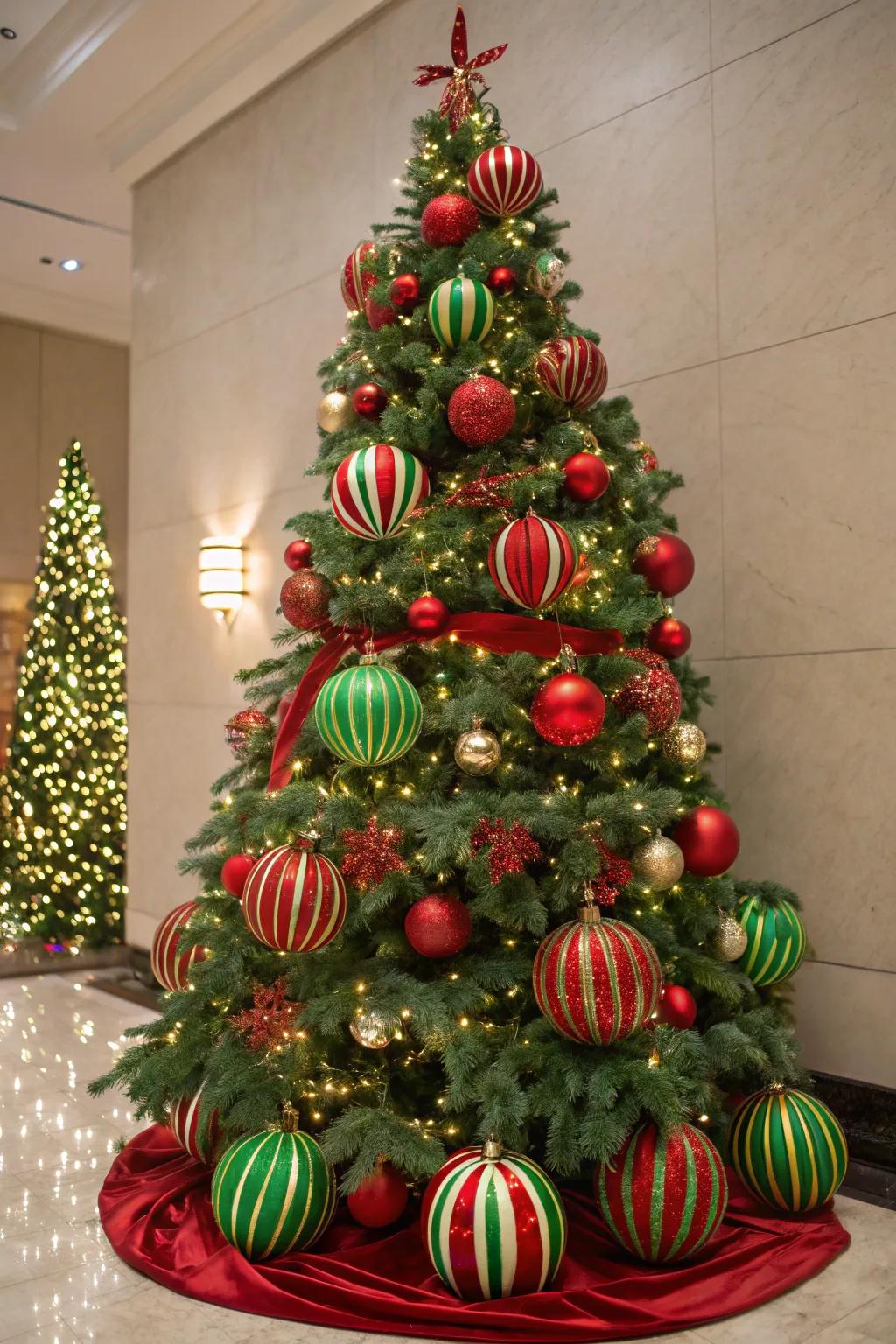 Banded ornaments contribute a playful twist to this traditional tree.