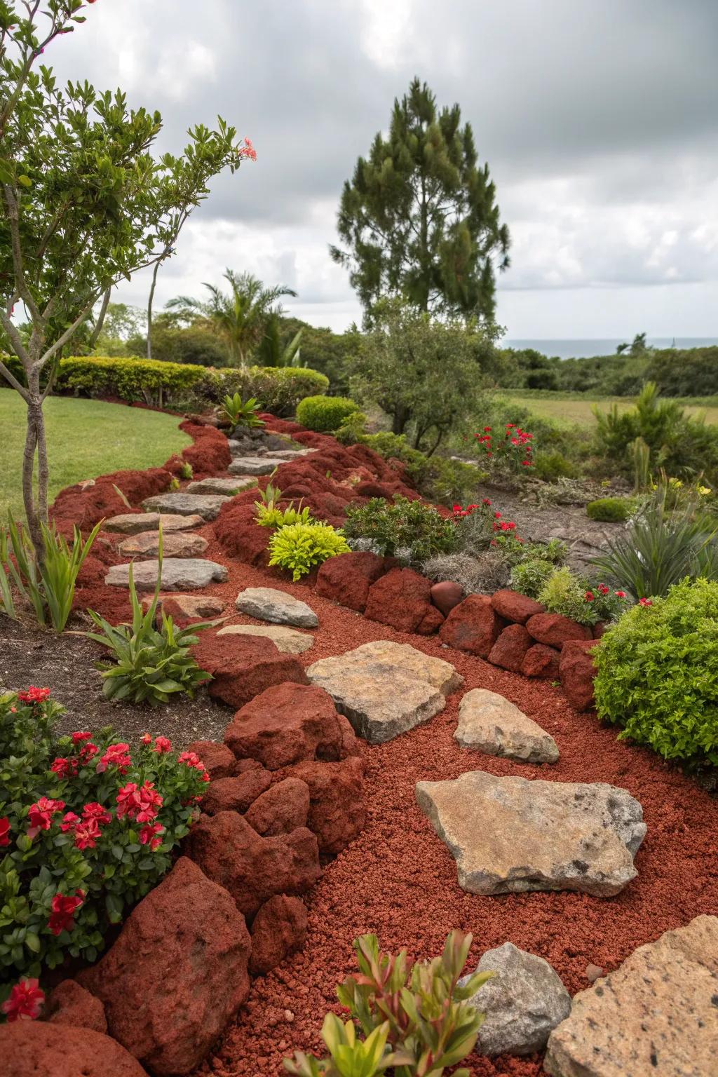 Artistic configurations of crimson volcanic stones contribute a creative mark to the garden.