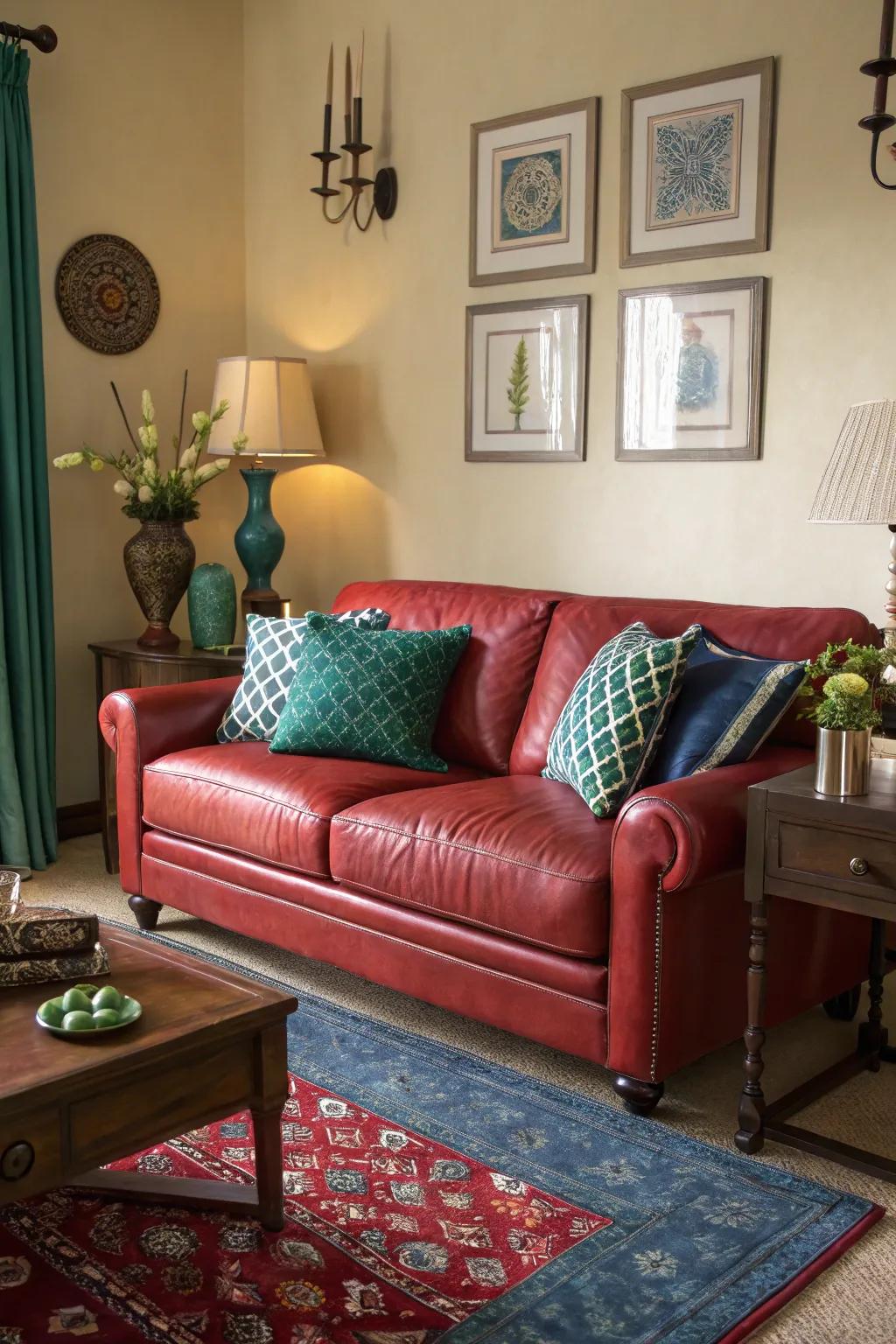 Opposing hues impart a vibrant and dynamic feel to a family room featuring a crimson hide sofa.