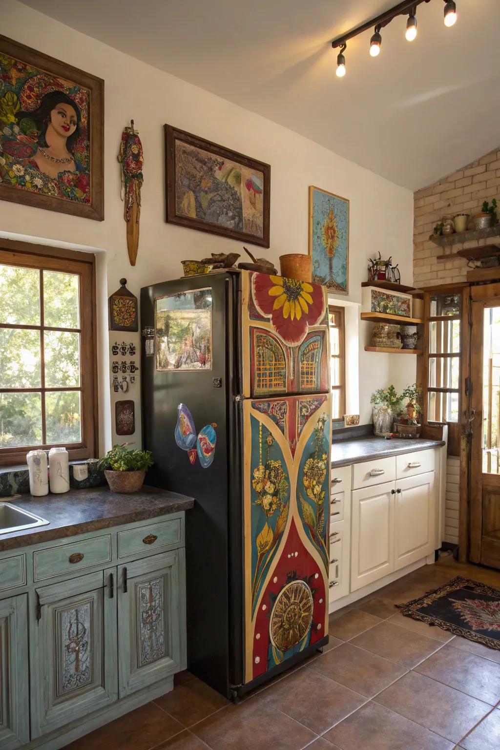 Creative touches surrounding the refrigerator make the kitchen unique.