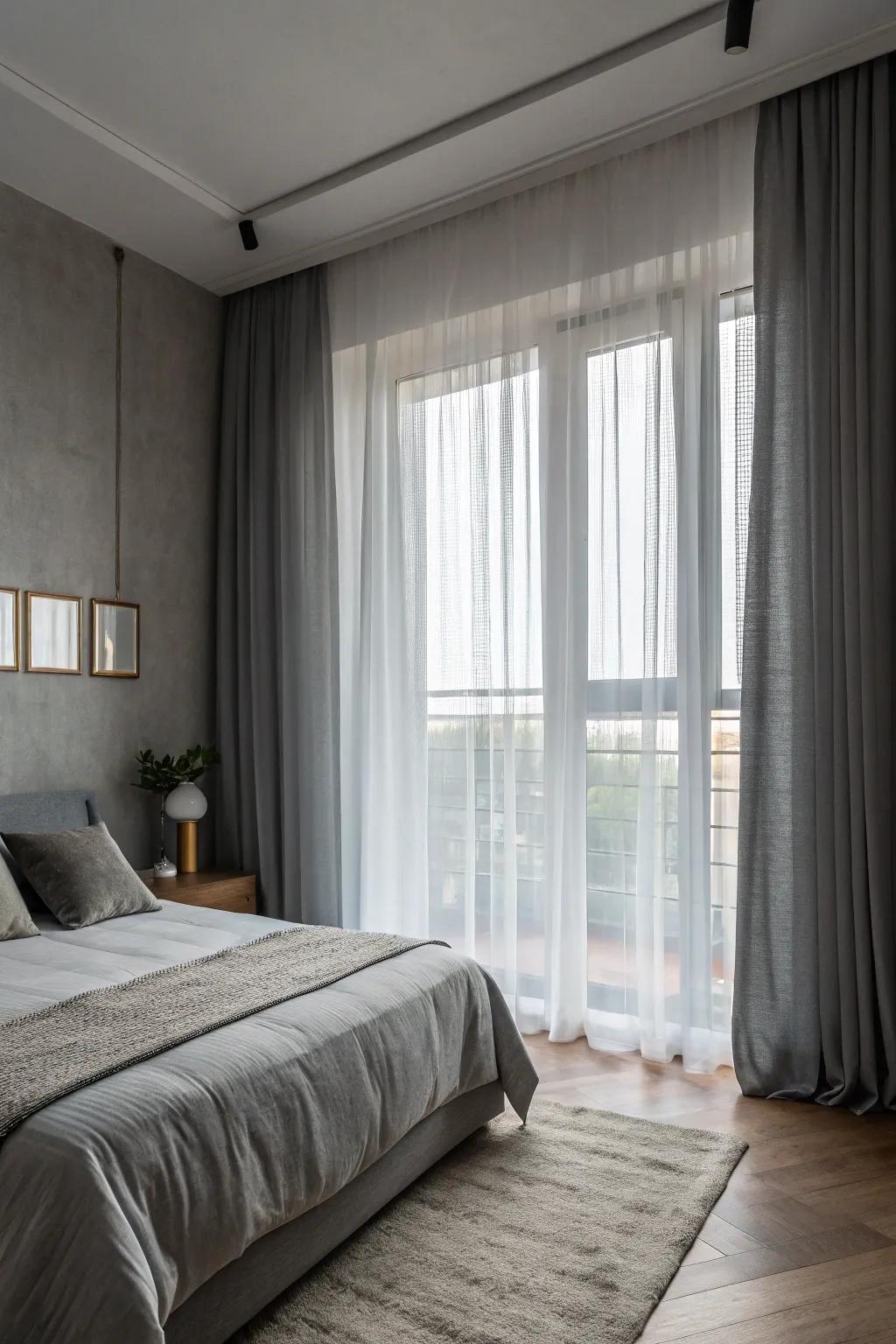 Sheer curtains allow natural light to enhance the serene atmosphere.