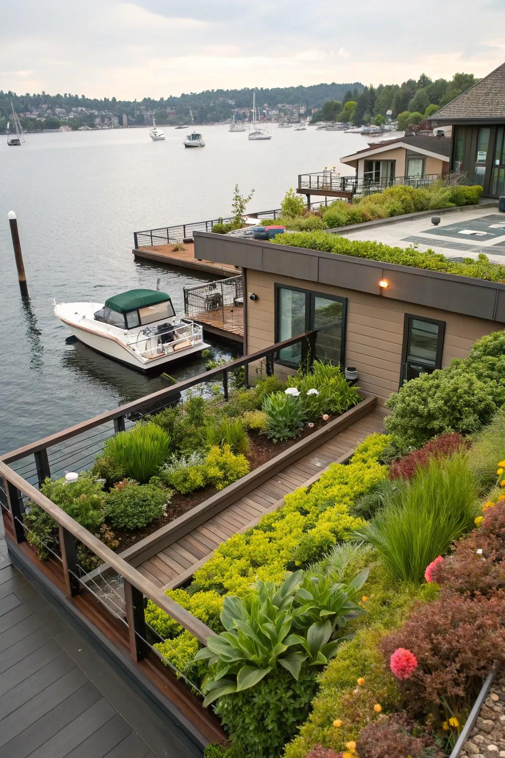 A dock amplified by a lively rooftop garden.