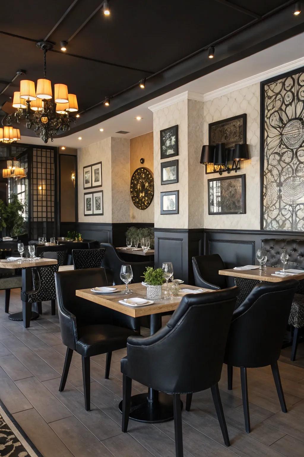 A restaurant with dramatic black accents highlighting the decor.