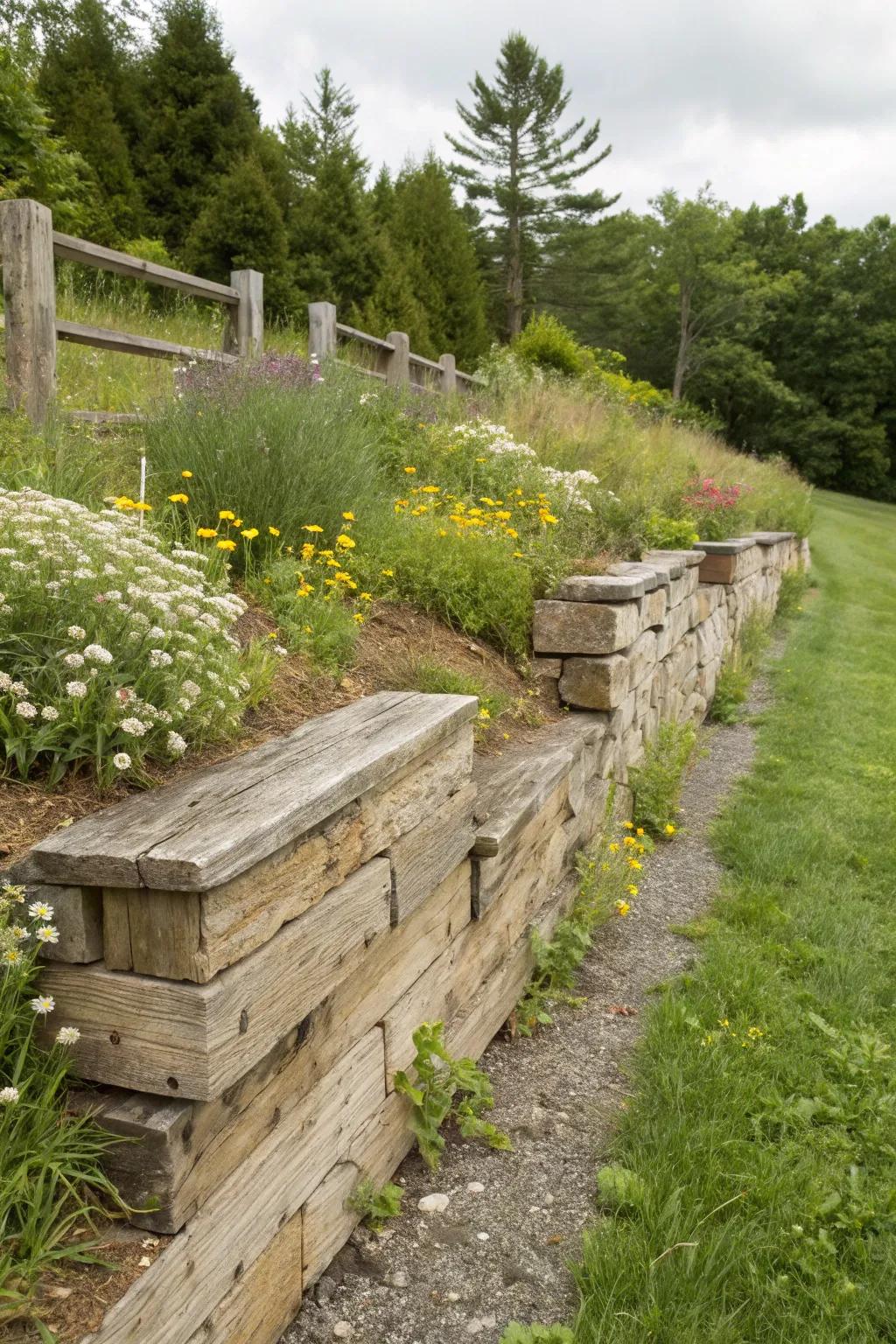 Weathered lumber caps fashion a countryside, organic ambiance.